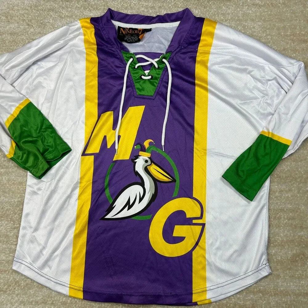 Nineoh7 Hockey Jersey Mens S Purple White Green Yellow Mardi Gras Pelican 504